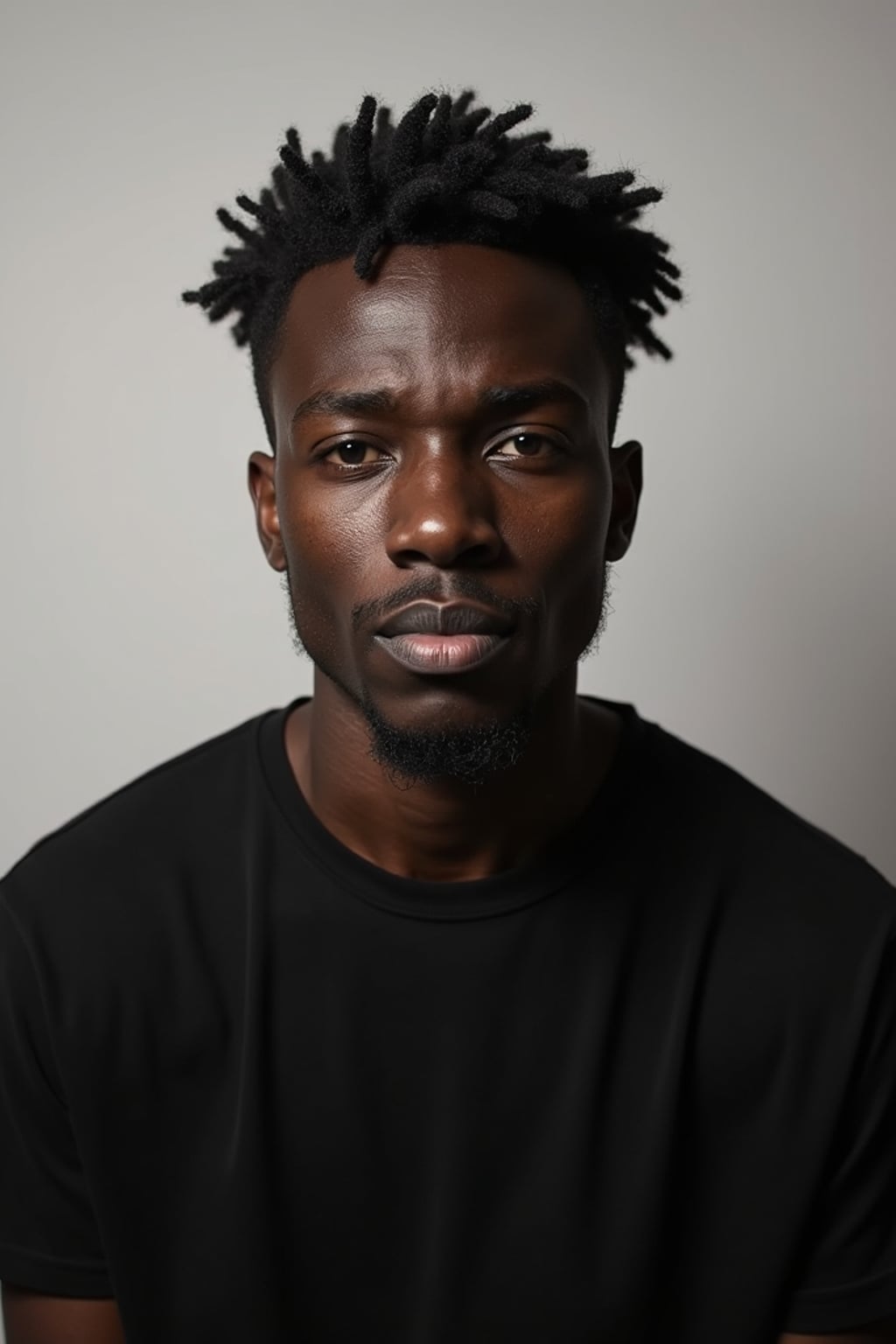 man looking straight into camera with mouth closed and no emotion. plain background. wearing black  t-shirt