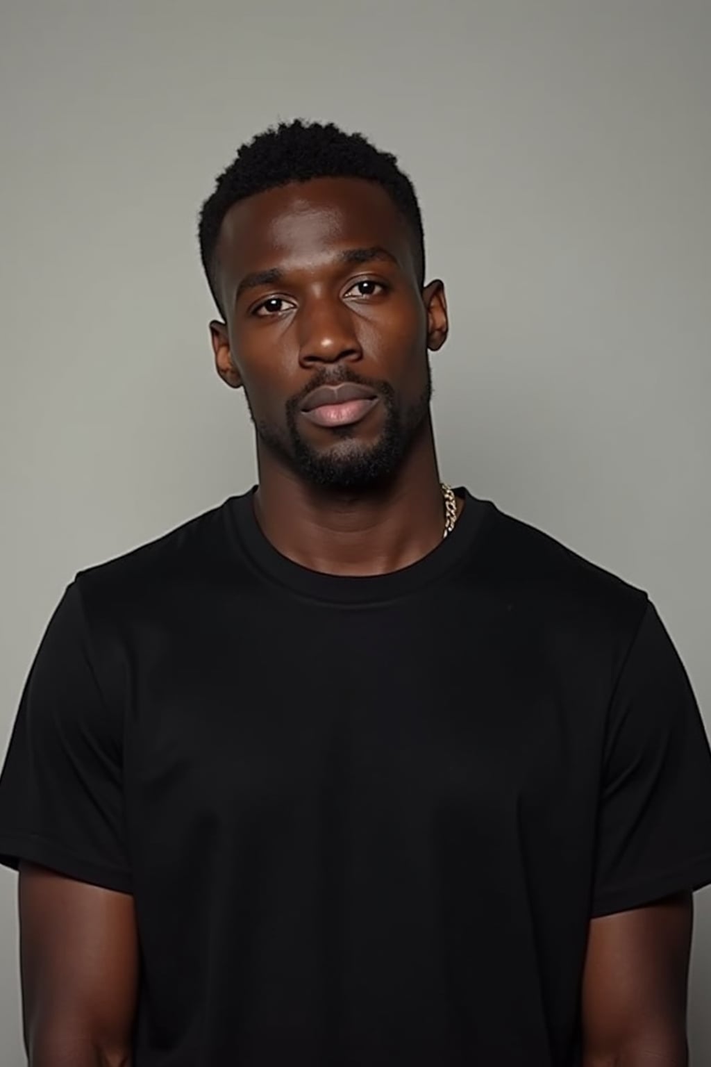 man looking straight into camera with mouth closed and no emotion. plain background. wearing black  t-shirt