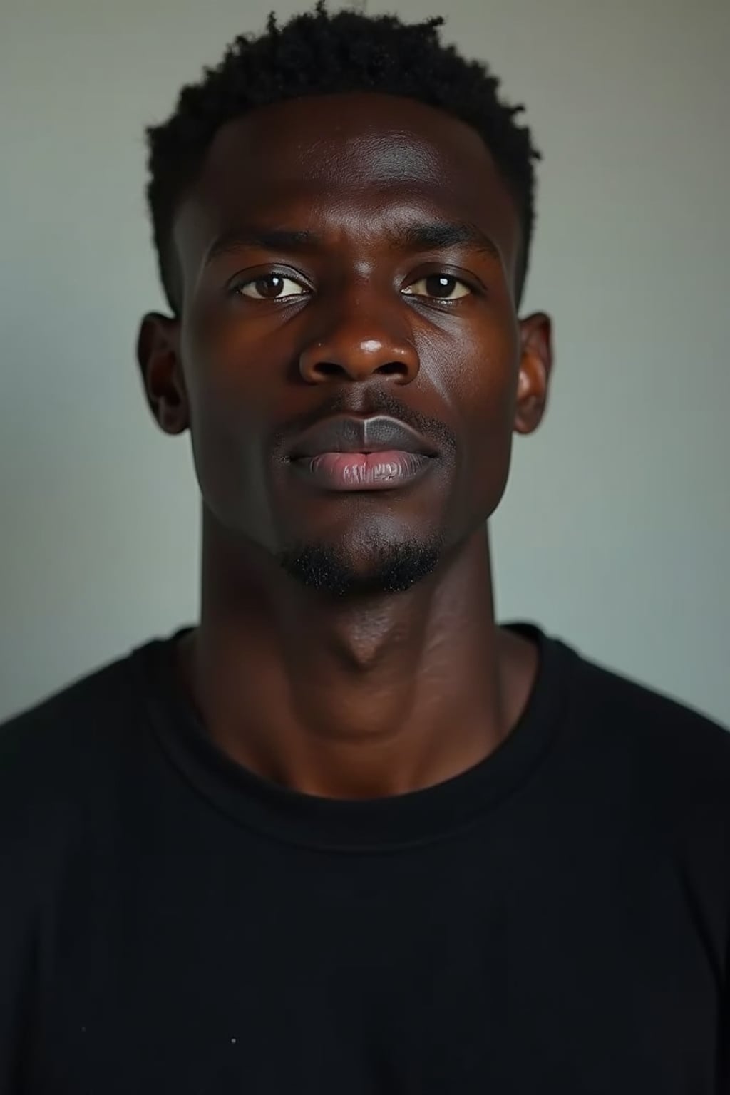 man looking straight into camera with mouth closed and no emotion. plain background. wearing black  t-shirt