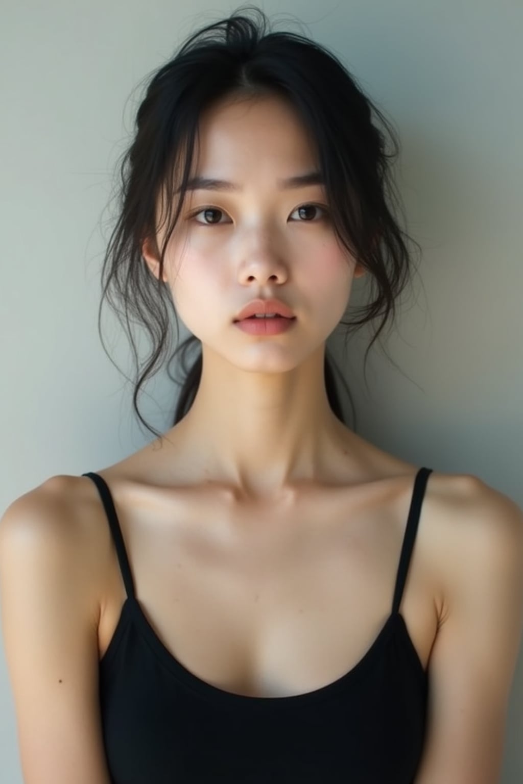 woman looking straight into camera with mouth closed and no emotion. plain background. wearing black tank top