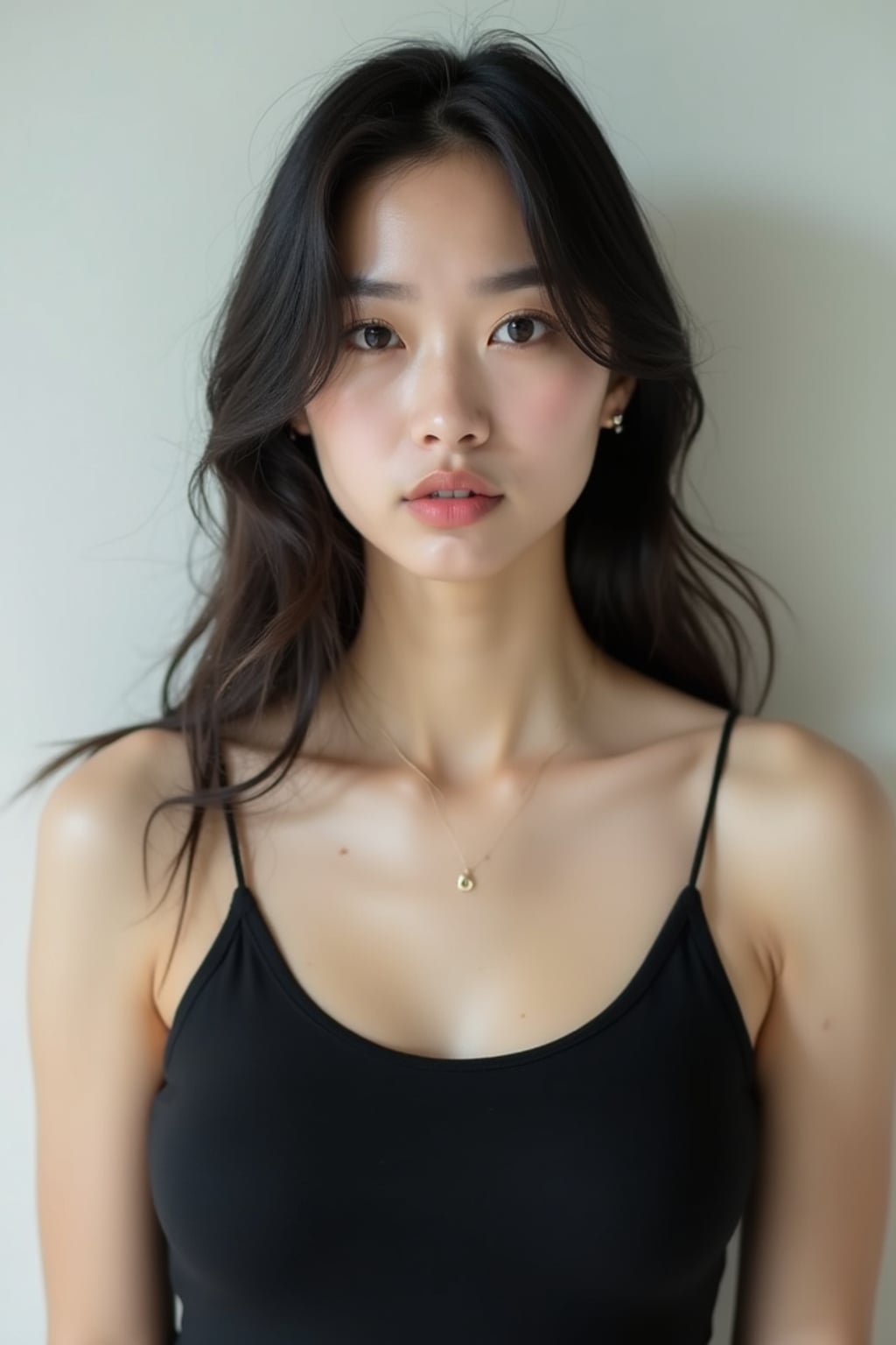 woman looking straight into camera with mouth closed and no emotion. plain background. wearing black tank top