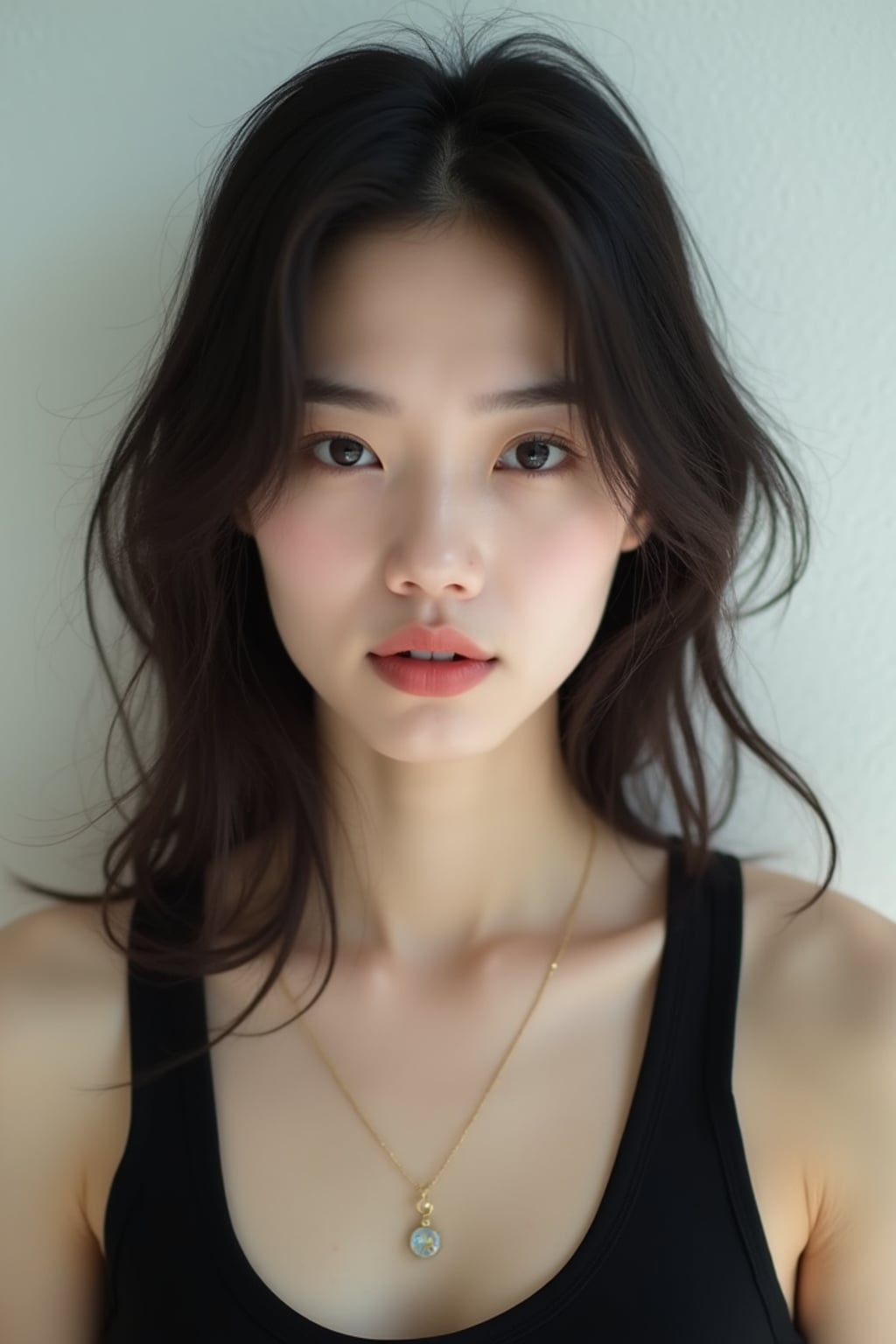 woman looking straight into camera with mouth closed and no emotion. plain background. wearing black tank top