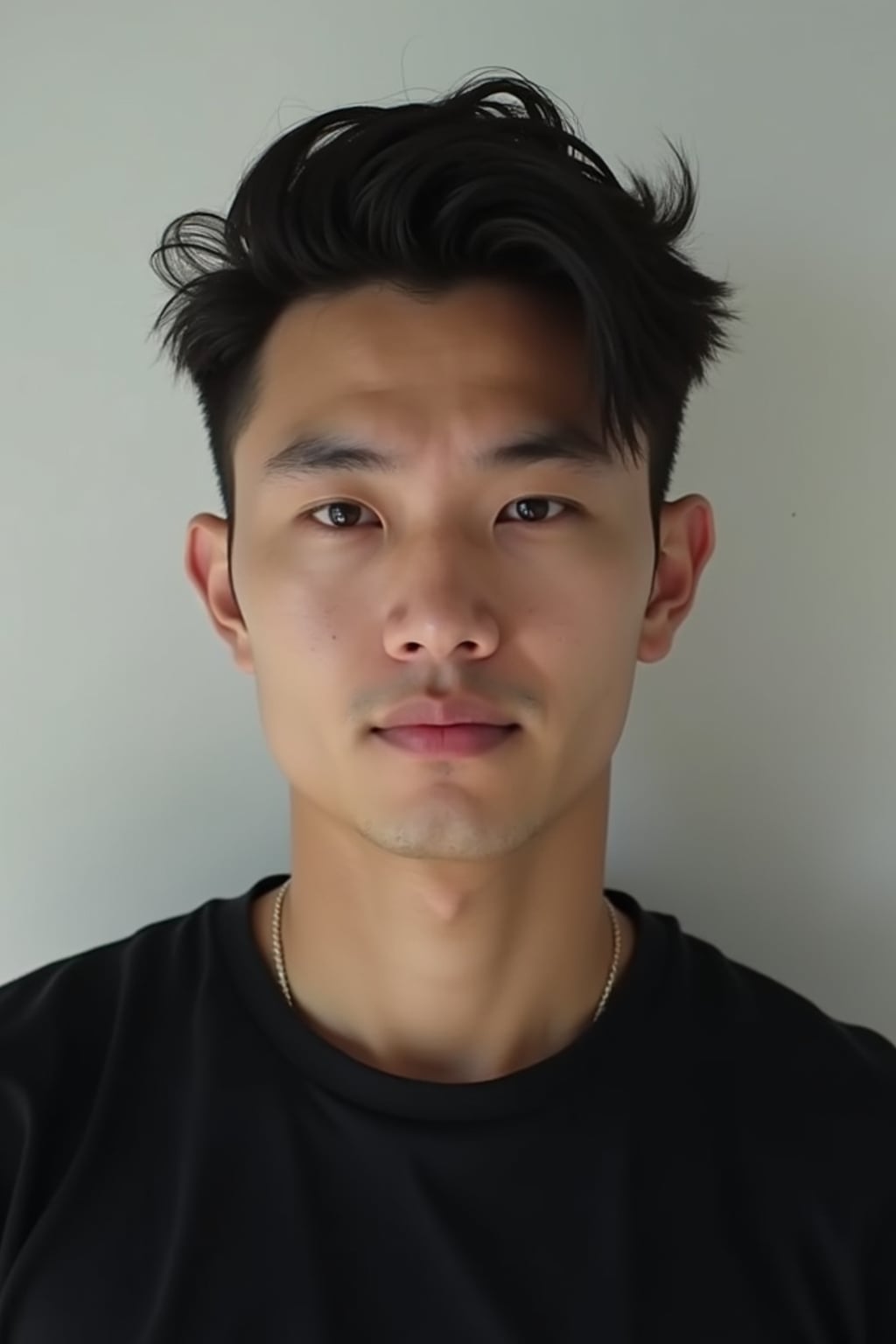 man looking straight into camera with mouth closed and no emotion. plain background. wearing black  t-shirt