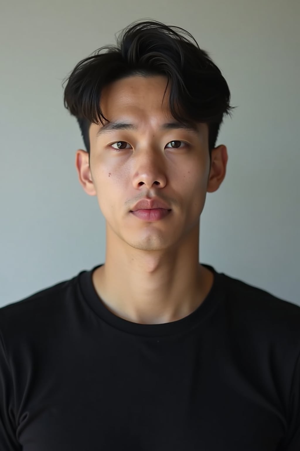 man looking straight into camera with mouth closed and no emotion. plain background. wearing black  t-shirt