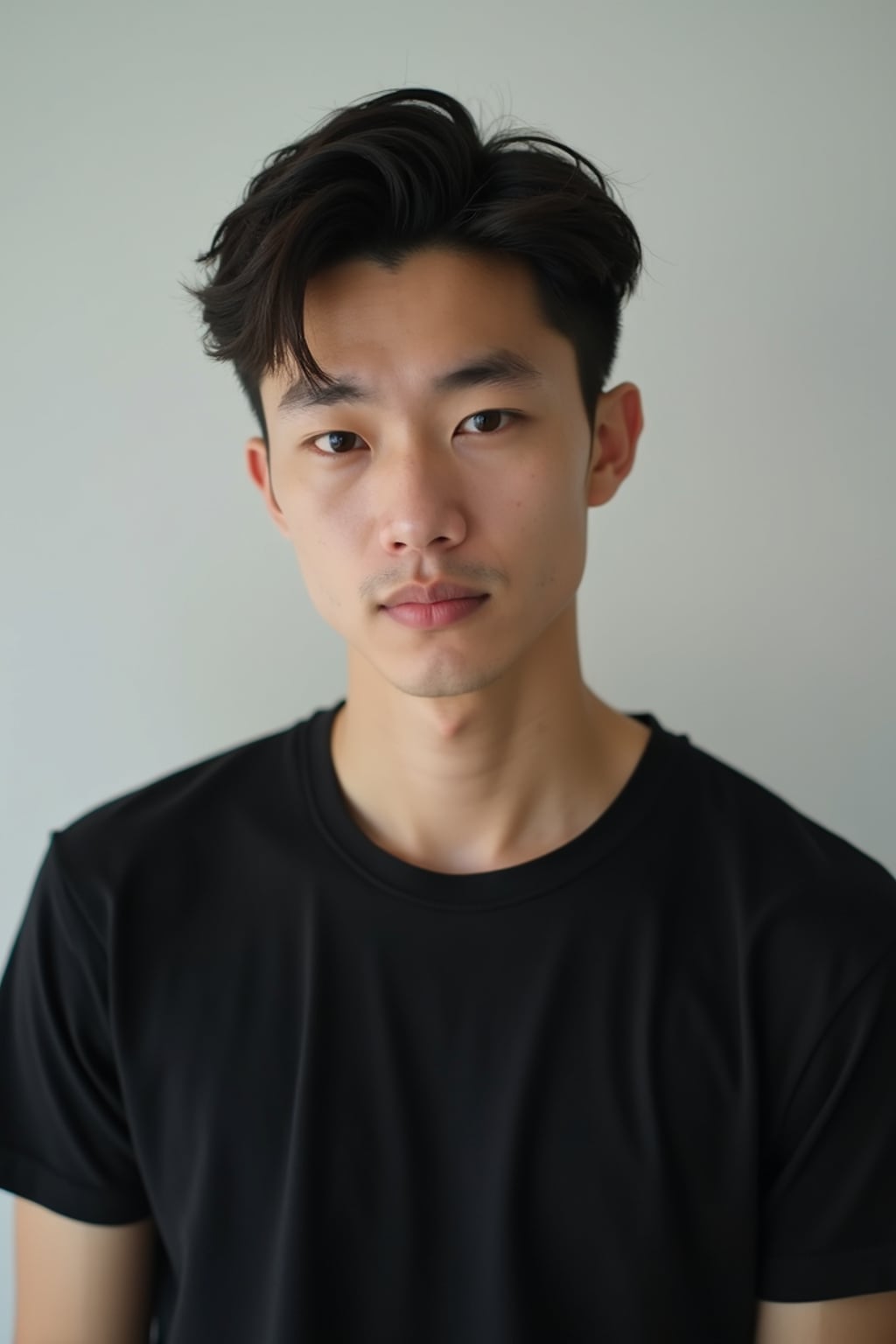 man looking straight into camera with mouth closed and no emotion. plain background. wearing black  t-shirt