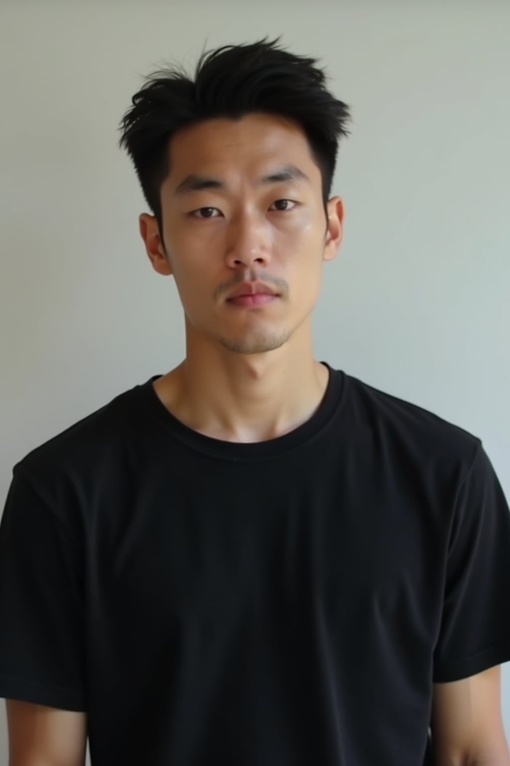 man looking straight into camera with mouth closed and no emotion. plain background. wearing black  t-shirt