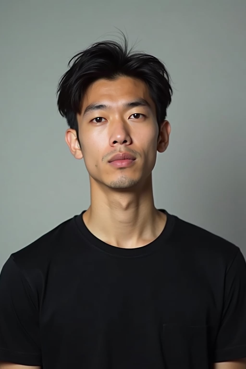 man looking straight into camera with mouth closed and no emotion. plain background. wearing black  t-shirt
