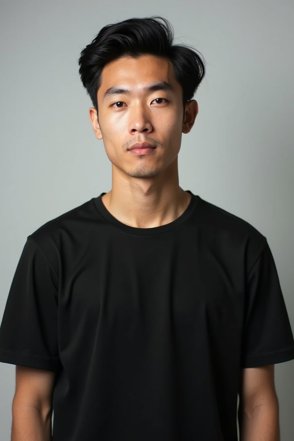 man looking straight into camera with mouth closed and no emotion. plain background. wearing black  t-shirt