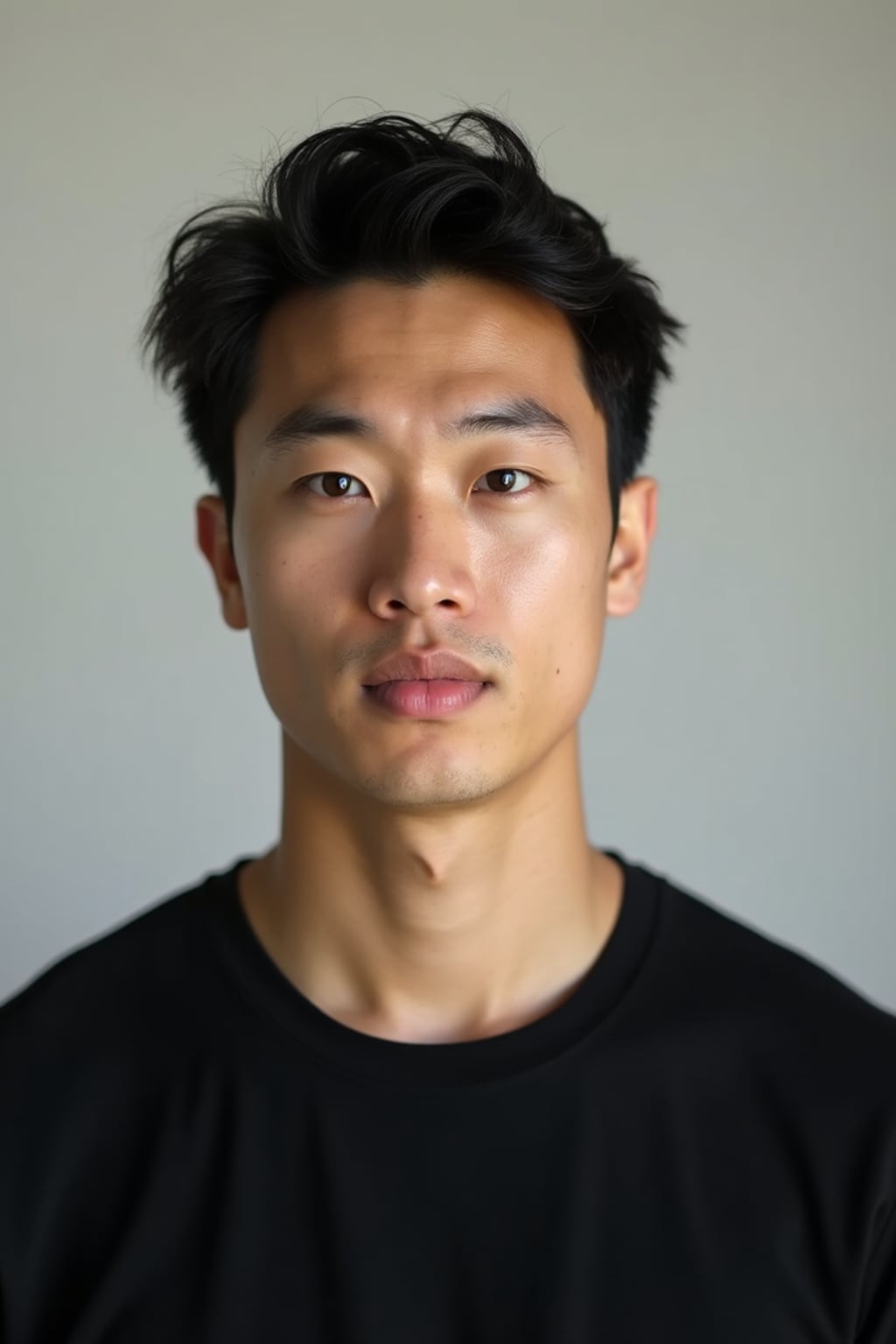 man looking straight into camera with mouth closed and no emotion. plain background. wearing black  t-shirt