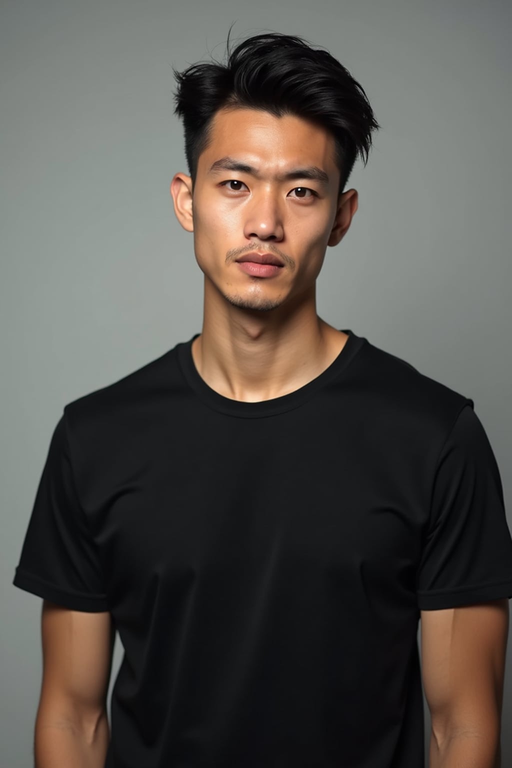 man looking straight into camera with mouth closed and no emotion. plain background. wearing black  t-shirt