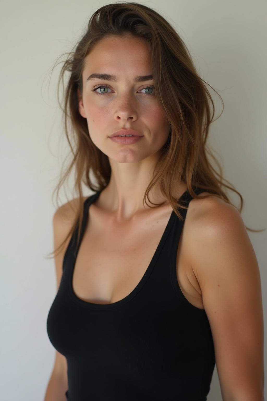 woman looking straight into camera with mouth closed and no emotion. plain background. wearing black tank top
