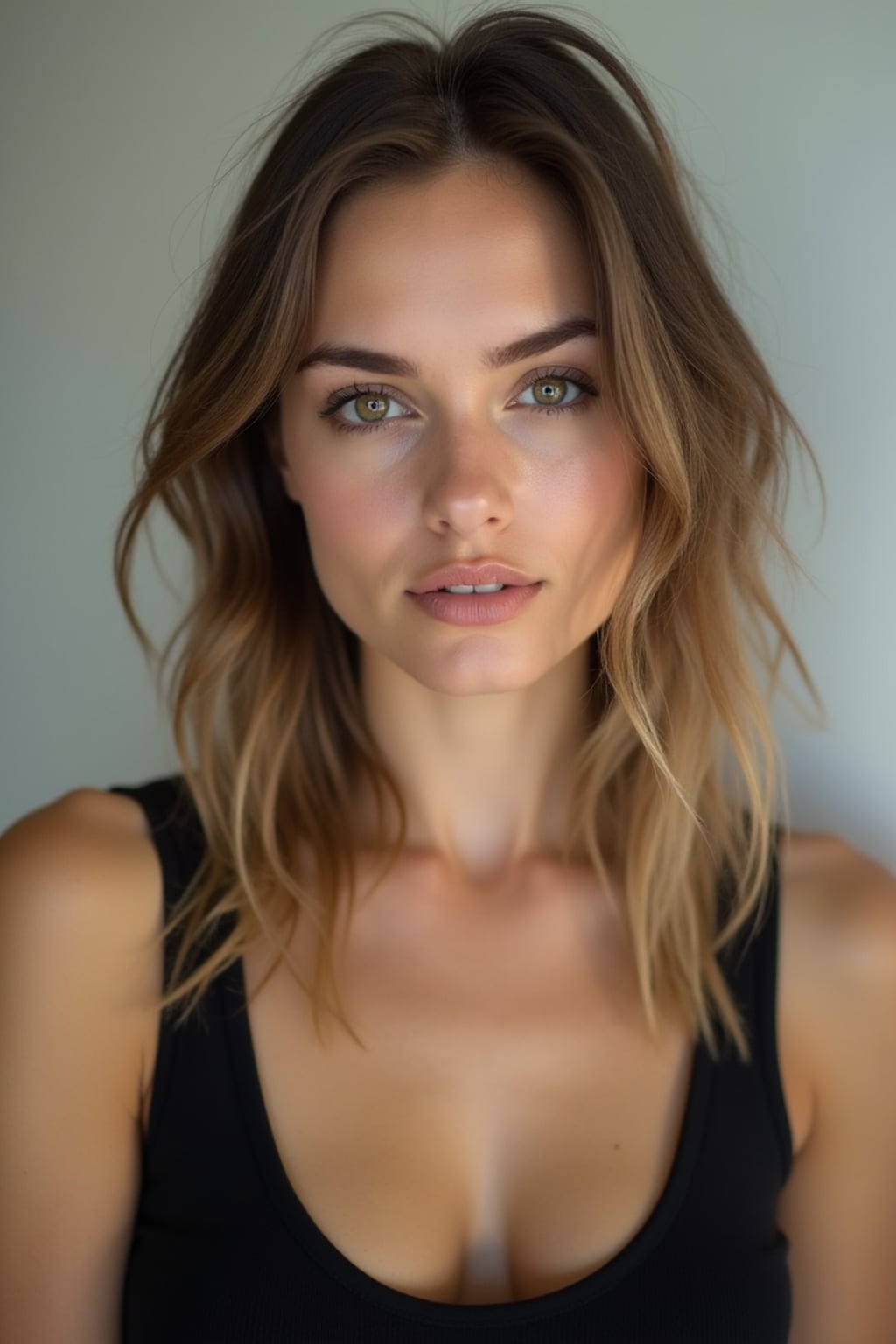 woman looking straight into camera with mouth closed and no emotion. plain background. wearing black tank top