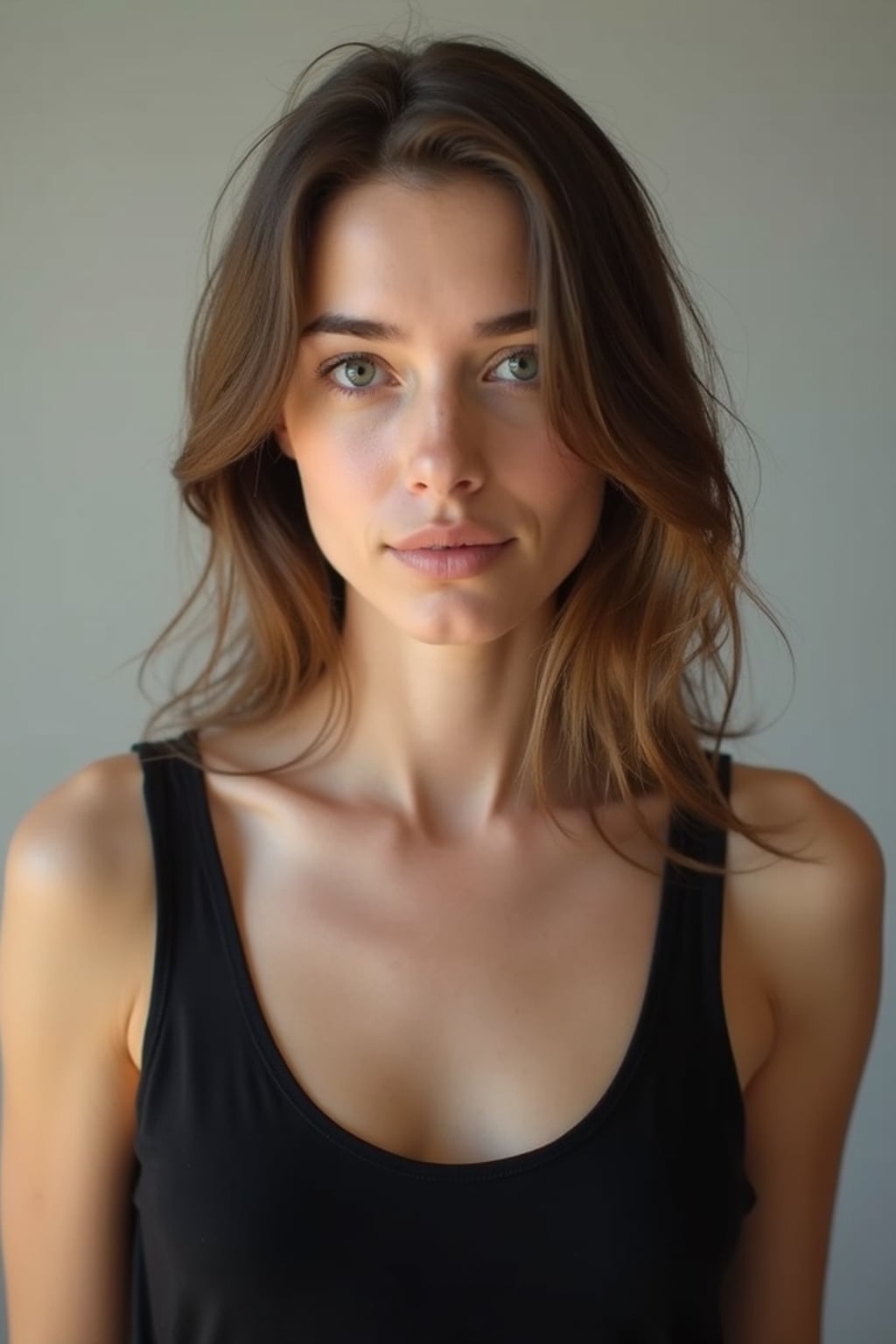 woman looking straight into camera with mouth closed and no emotion. plain background. wearing black tank top