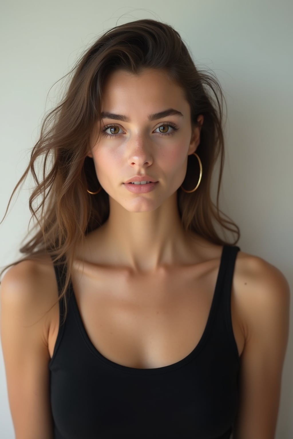 woman looking straight into camera with mouth closed and no emotion. plain background. wearing black tank top