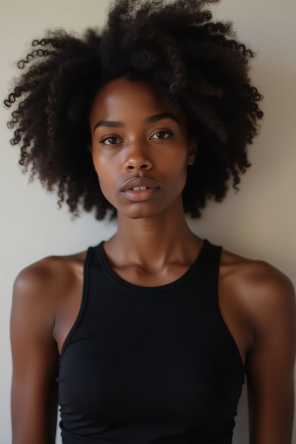 woman looking straight into camera with mouth closed and no emotion. plain background. wearing black tank top