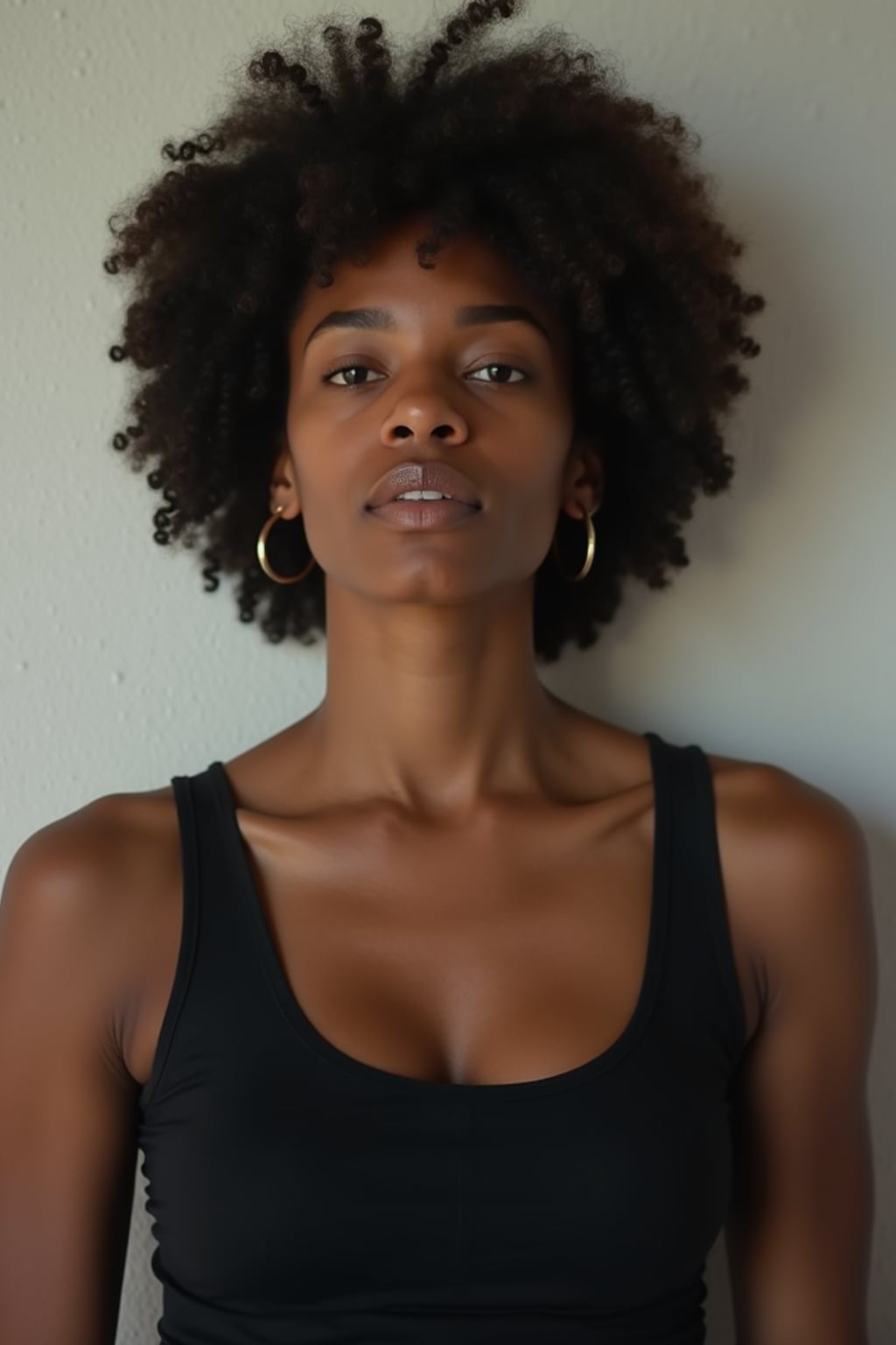 woman looking straight into camera with mouth closed and no emotion. plain background. wearing black tank top