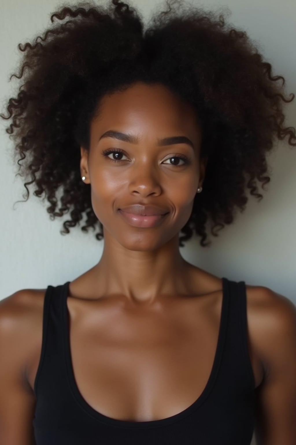woman looking straight into camera with mouth closed and no emotion. plain background. wearing black tank top