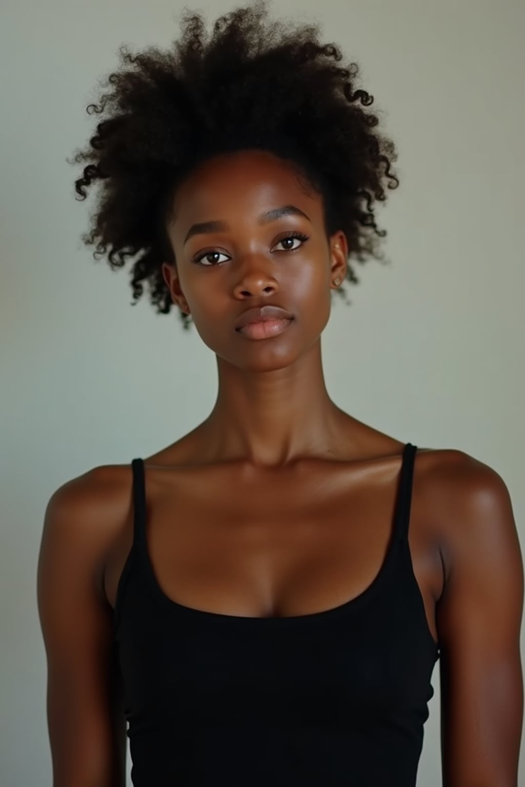 woman looking straight into camera with mouth closed and no emotion. plain background. wearing black tank top
