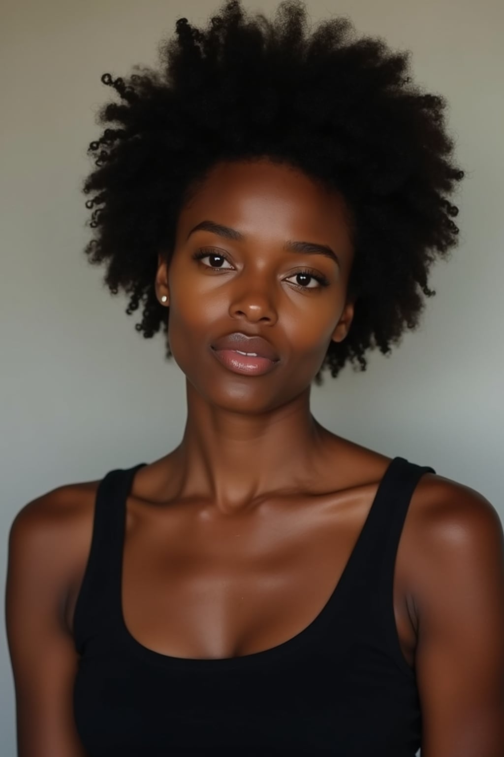 woman looking straight into camera with mouth closed and no emotion. plain background. wearing black tank top