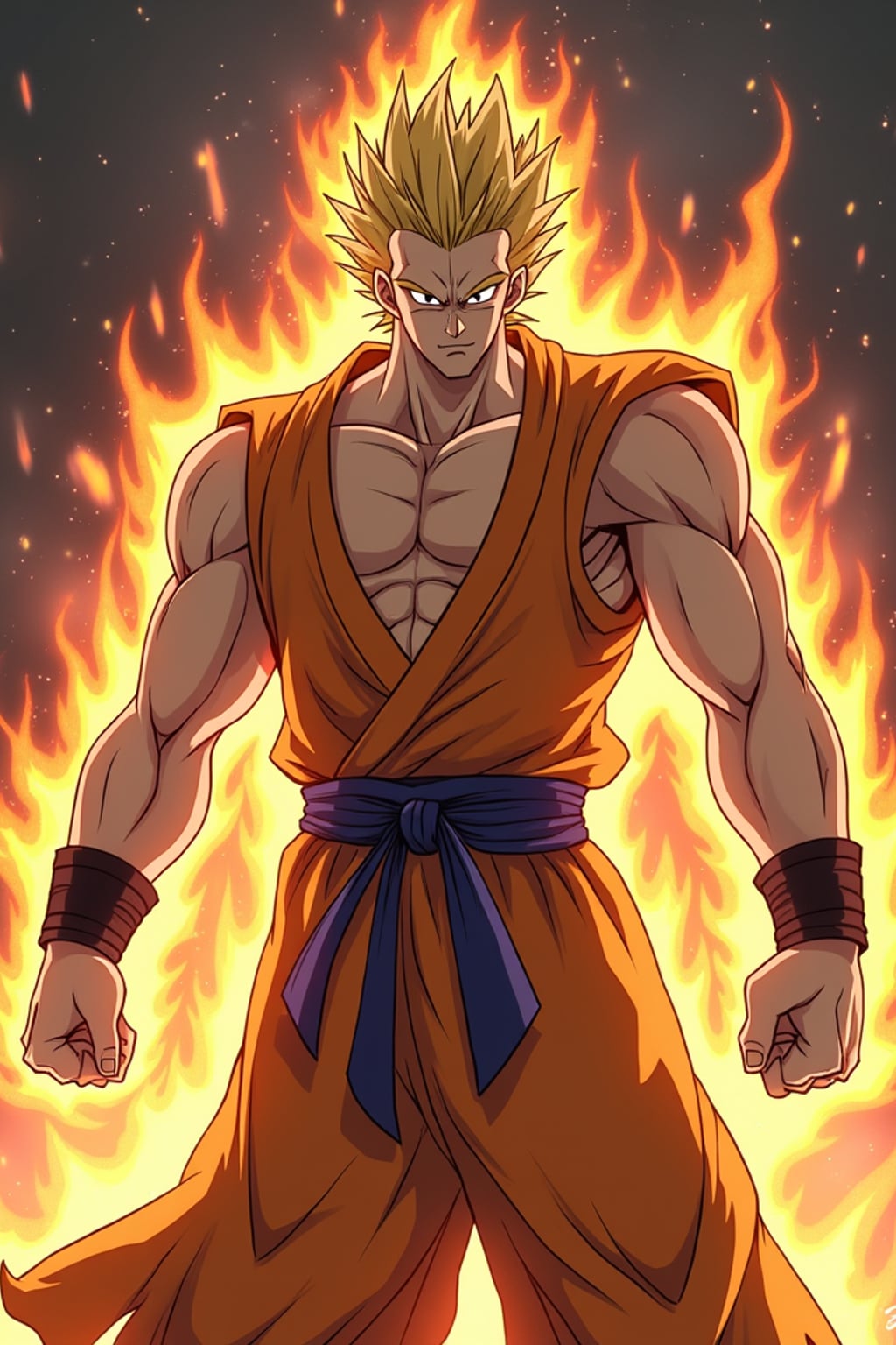 A legendary anime martial artist, posing confidently with a glowing energy aura, wearing  a sleeveless martial arts outfit with muscular definition and intense expression. The background features a classic anime battle stage.