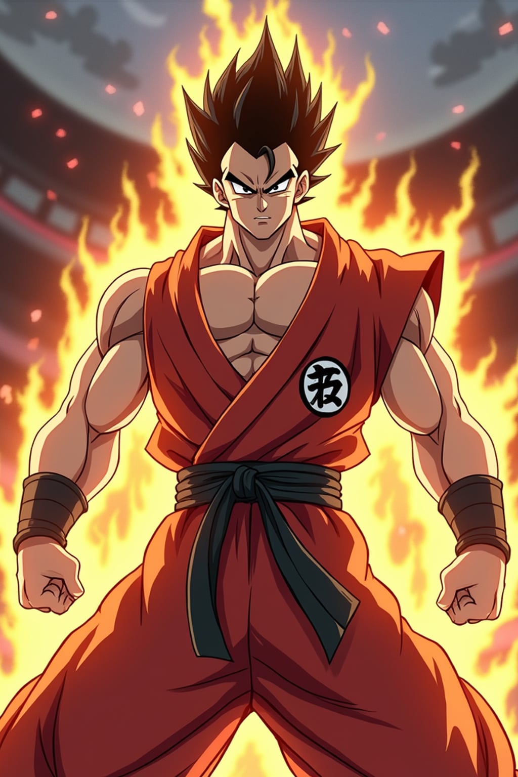A legendary anime martial artist, posing confidently with a glowing energy aura, wearing  a sleeveless martial arts outfit with muscular definition and intense expression. The background features a classic anime battle stage.