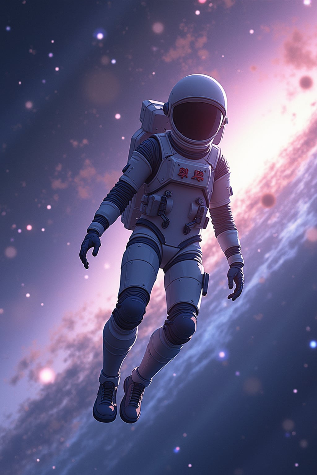 A dreamy anime space explorer, floating in a futuristic spaceship, wearing  a high-tech astronaut suit with a reflective visor. The backdrop features distant galaxies and nebulae.