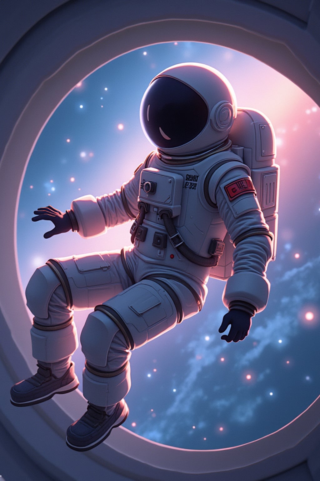 A dreamy anime space explorer, floating in a futuristic spaceship, wearing  a high-tech astronaut suit with a reflective visor. The backdrop features distant galaxies and nebulae.