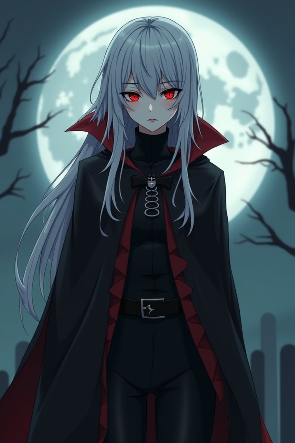 A gothic anime vampire avatar, with pale skin and piercing red eyes, wearing  a dark vampire cloak with a high collar and long silver hair. The setting is a foggy moonlit graveyard.