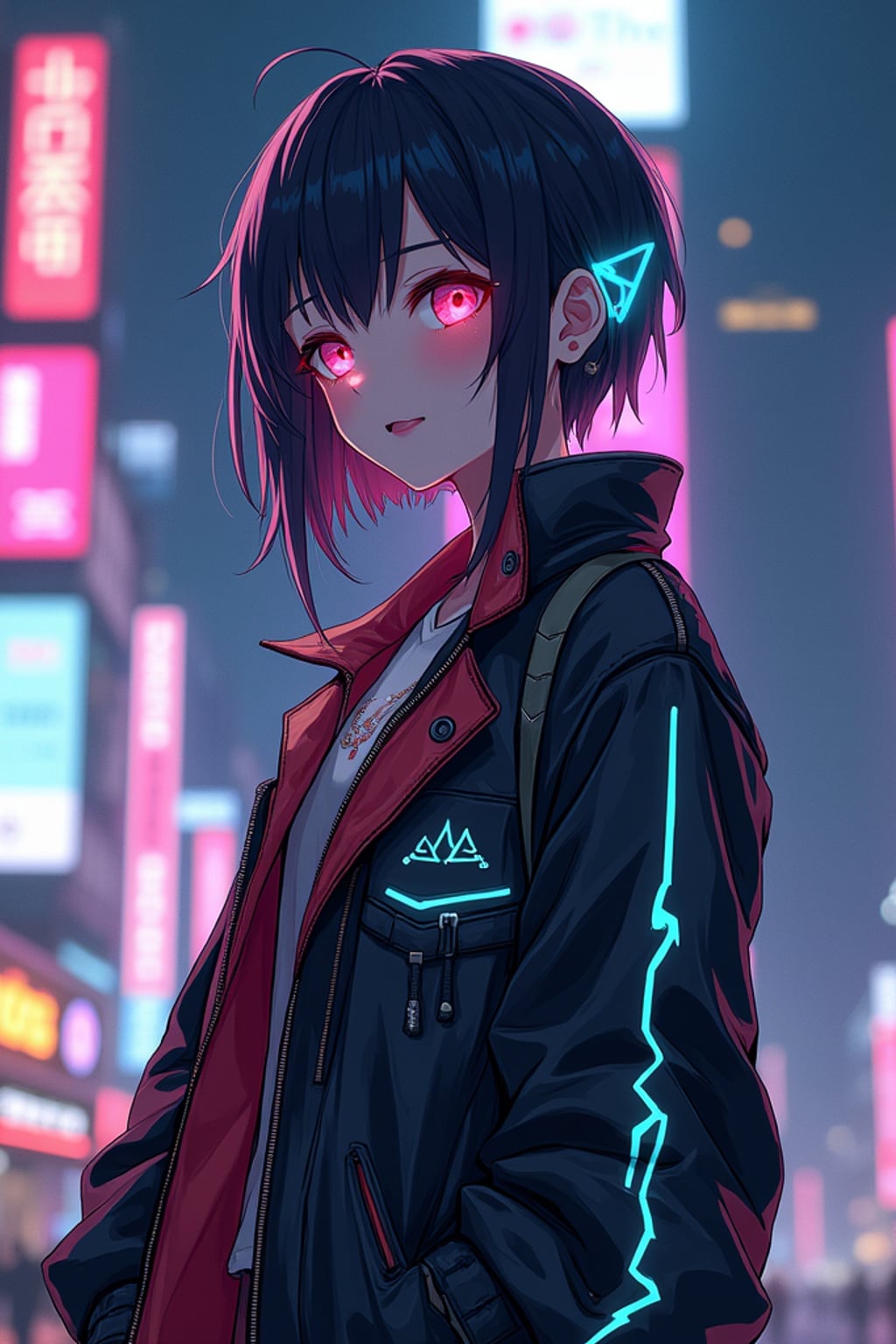A cyberpunk anime-style character, with glowing neon elements,  a cyber-enhanced jacket with neon streaks and cybernetic eyes. The city skyline behind is filled with digital billboards and vibrant lights.