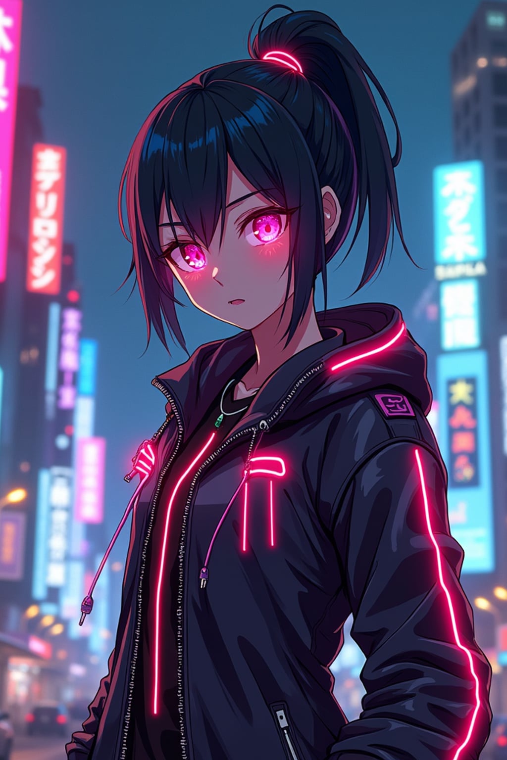 A cyberpunk anime-style character, with glowing neon elements,  a cyber-enhanced jacket with neon streaks and cybernetic eyes. The city skyline behind is filled with digital billboards and vibrant lights.