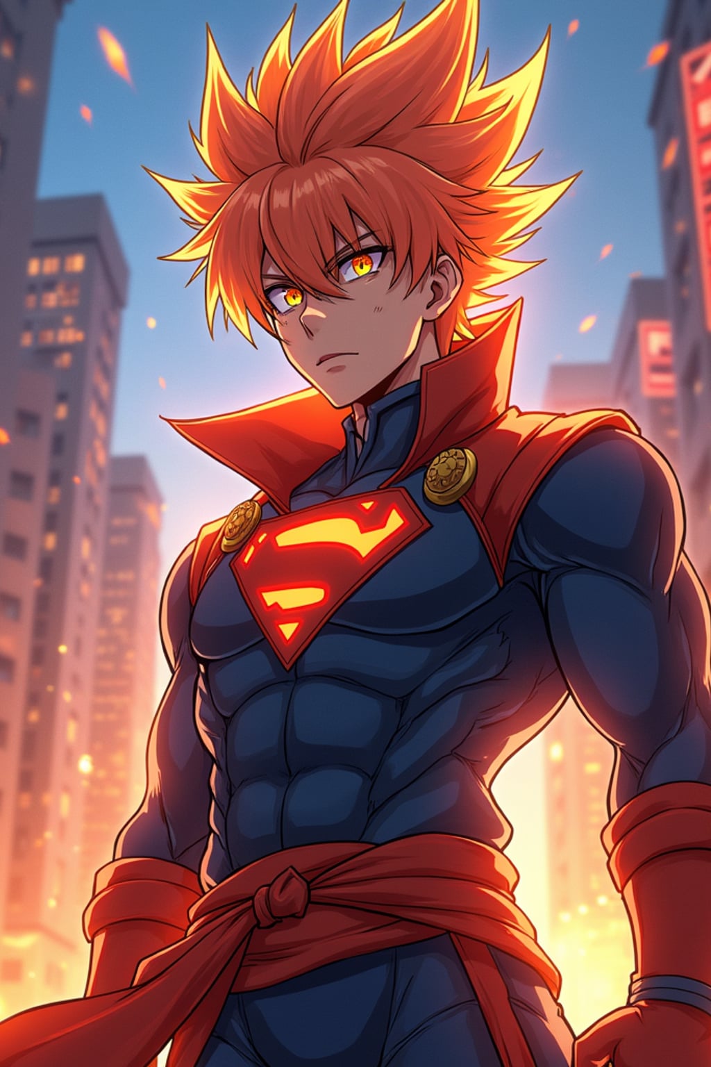 A vibrant anime-style avatar of a determined shonen protagonist, wearing  a heroic outfit with spiky hair and a fiery determined look. The background features an action-packed anime cityscape with dynamic lighting.