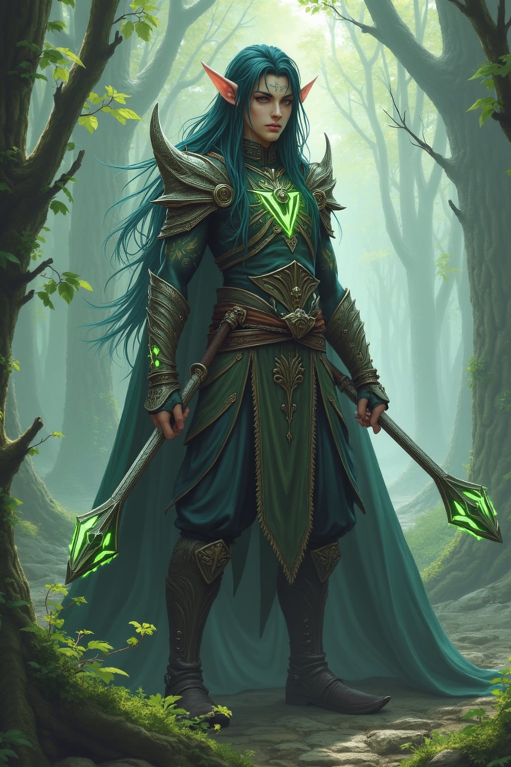 A mystical anime elf character, with pointed ears and glowing magical tattoos, dressed in  a regal tunic with enchanted weapons and a strong heroic stance. The setting is a magical woodland landscape.