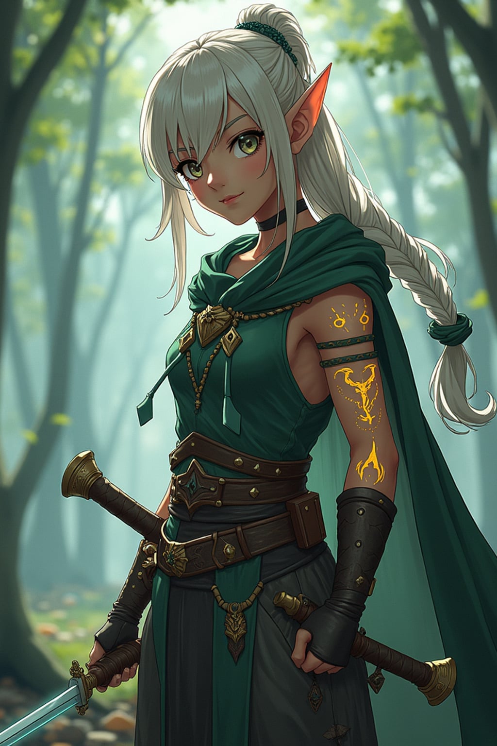 A mystical anime elf character, with pointed ears and glowing magical tattoos, dressed in  a regal tunic with enchanted weapons and a strong heroic stance. The setting is a magical woodland landscape.