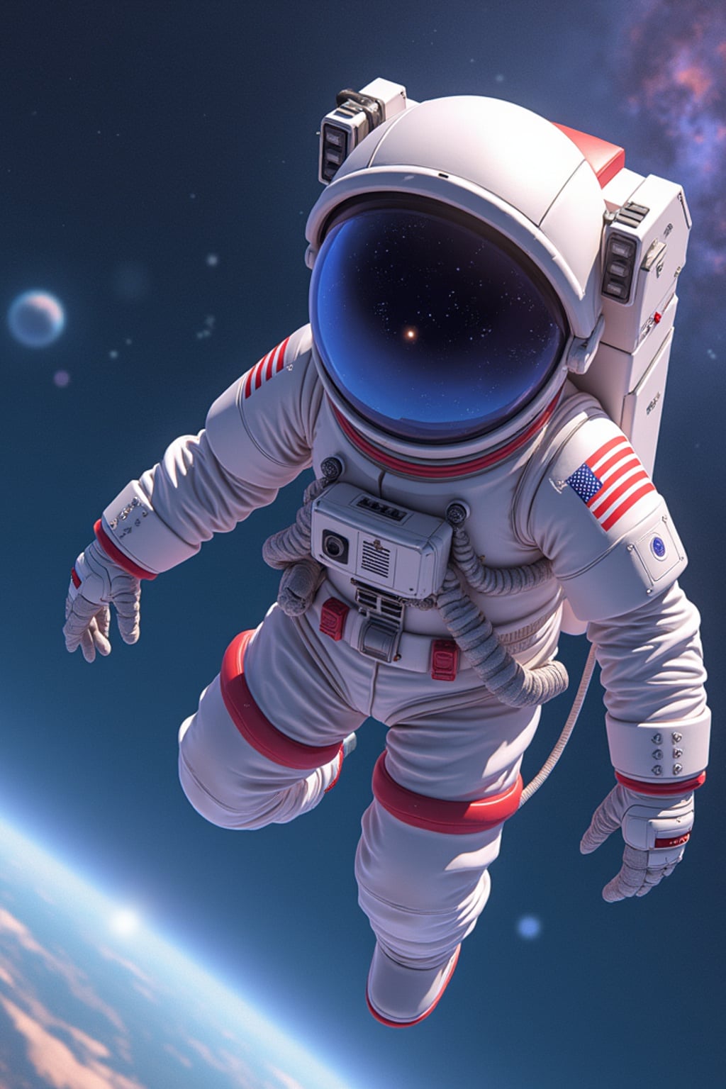 A dreamy anime space explorer, floating in a futuristic spaceship, wearing  a high-tech astronaut suit with a reflective visor. The backdrop features distant galaxies and nebulae.