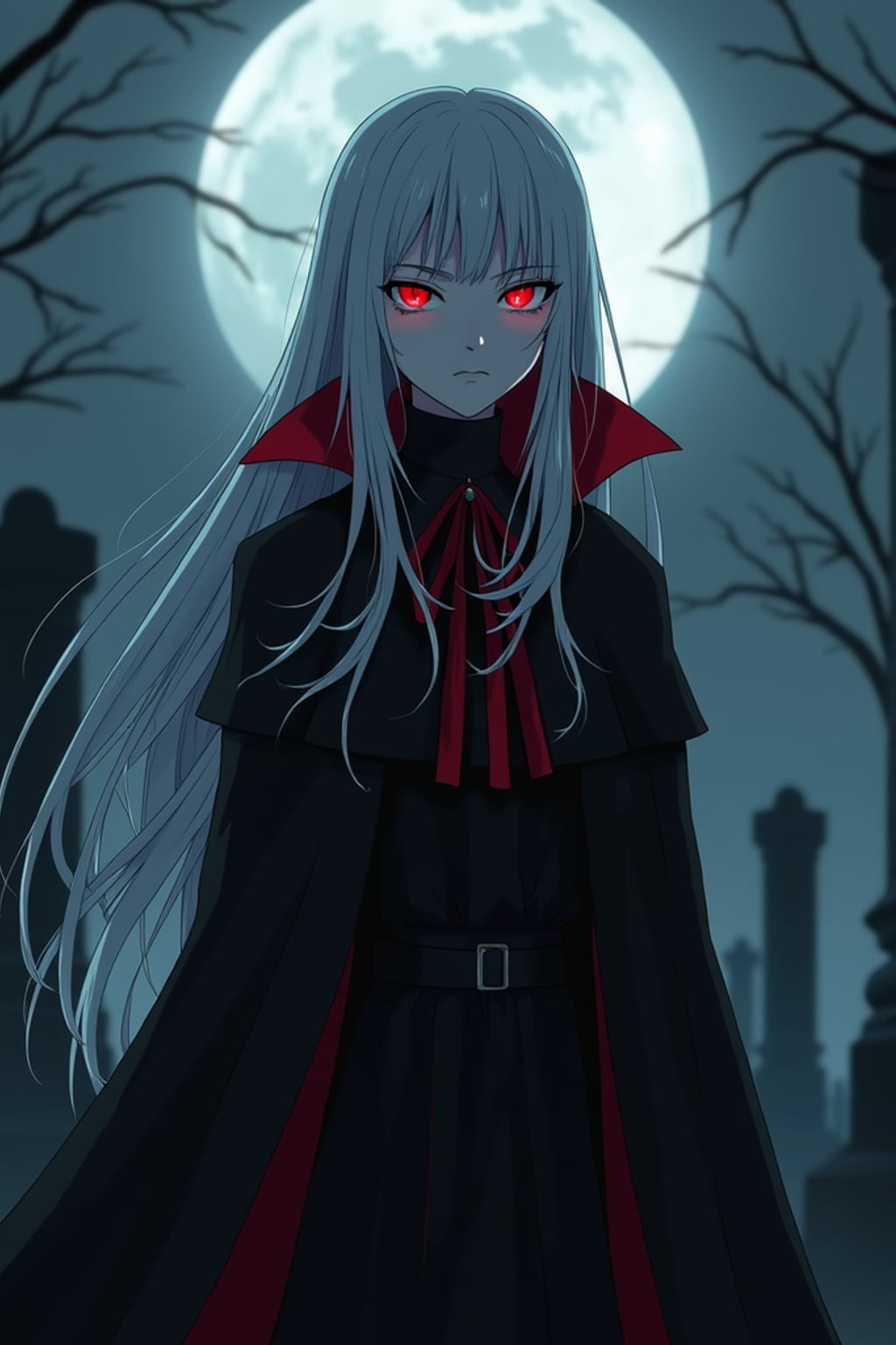 A gothic anime vampire avatar, with pale skin and piercing red eyes, wearing  a dark vampire cloak with a high collar and long silver hair. The setting is a foggy moonlit graveyard.