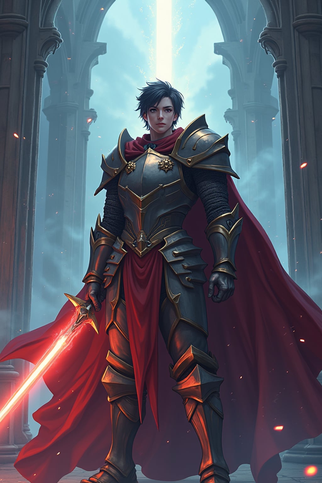 A fantasy anime warrior avatar, dressed in  a legendary knight armor with a majestic cape and glowing sword. The setting is a grand castle with mystical energy radiating.