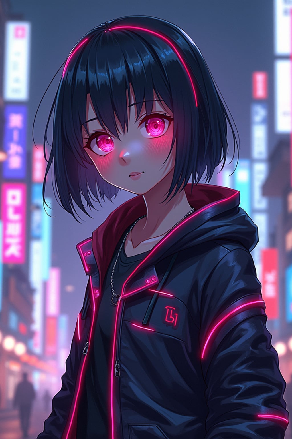 A cyberpunk anime-style character, with glowing neon elements,  a cyber-enhanced jacket with neon streaks and cybernetic eyes. The city skyline behind is filled with digital billboards and vibrant lights.