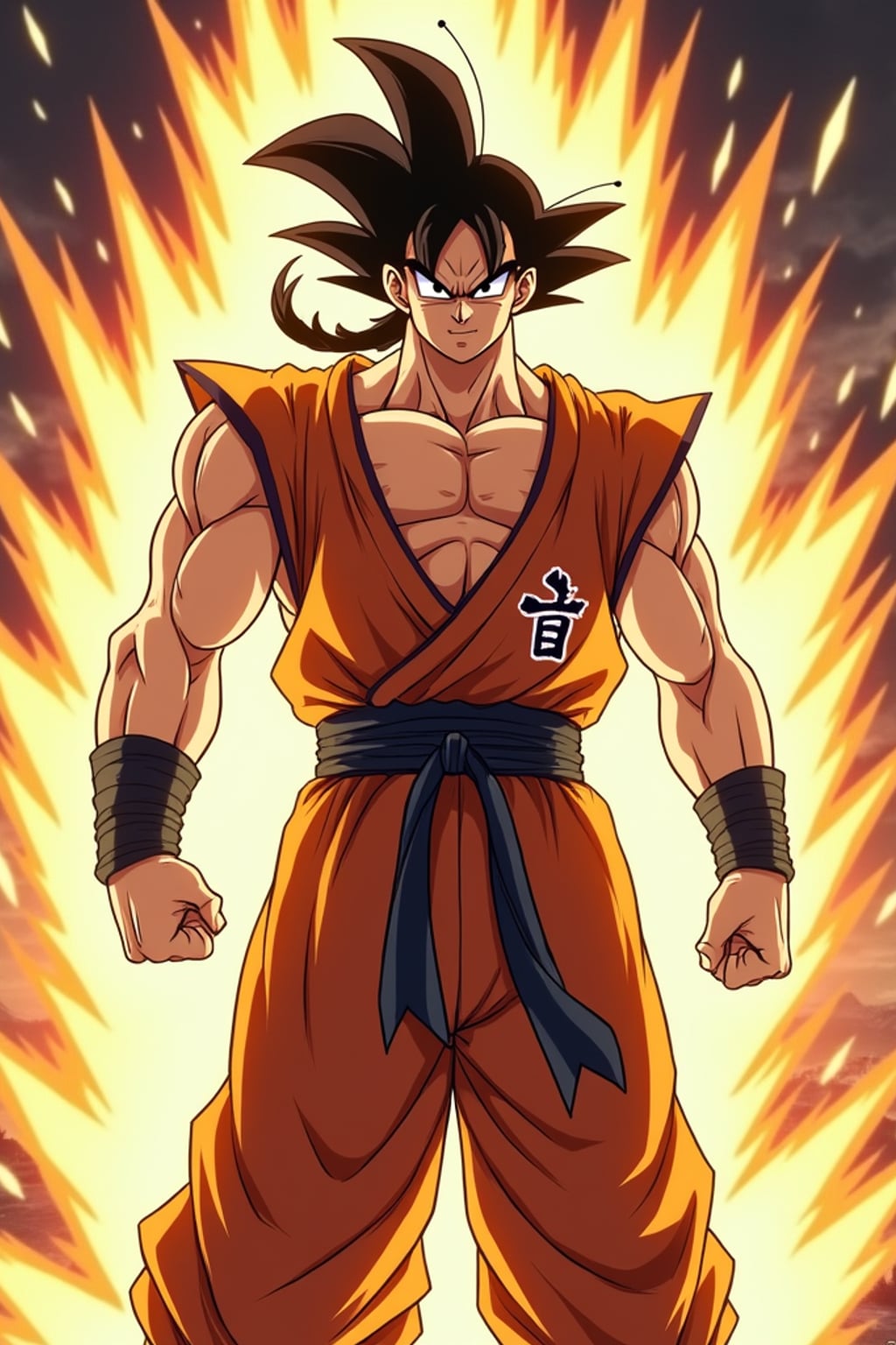 A legendary anime martial artist, posing confidently with a glowing energy aura, wearing  a sleeveless martial arts outfit with muscular definition and intense expression. The background features a classic anime battle stage. the style is in anime illustration.