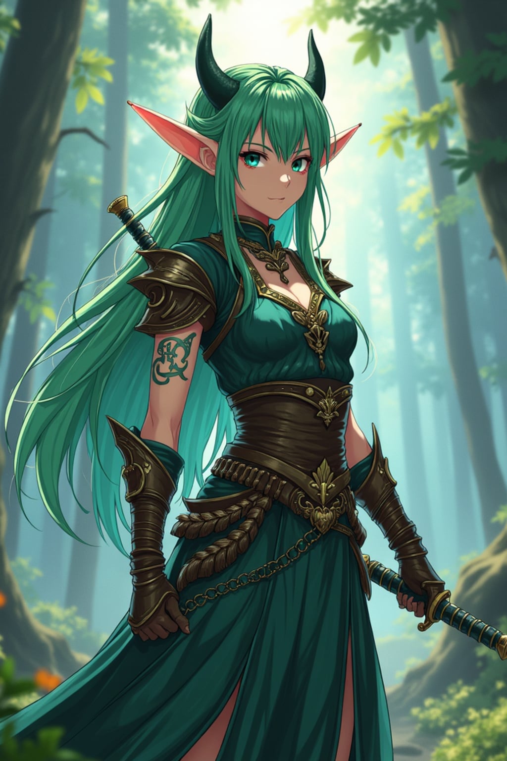 A mystical anime elf character, with pointed ears and glowing magical tattoos, dressed in  a regal tunic with enchanted weapons and a strong heroic stance. The setting is a magical woodland landscape. the style is in anime illustration.