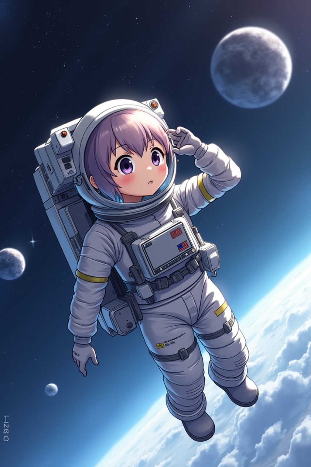 A dreamy anime space explorer, floating in a futuristic spaceship, wearing  a high-tech astronaut suit with a reflective visor. The backdrop features distant galaxies and nebulae. the style is in anime illustration.