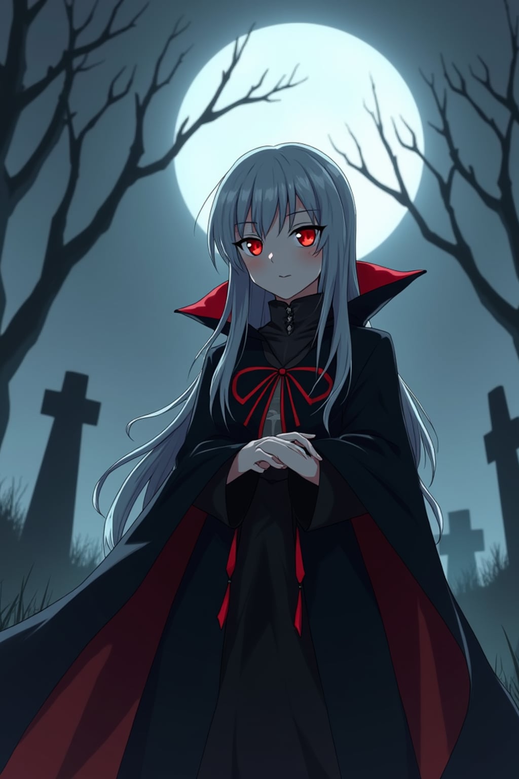 A gothic anime vampire avatar, with pale skin and piercing red eyes, wearing  a dark vampire cloak with a high collar and long silver hair. The setting is a foggy moonlit graveyard. the style is in anime illustration.