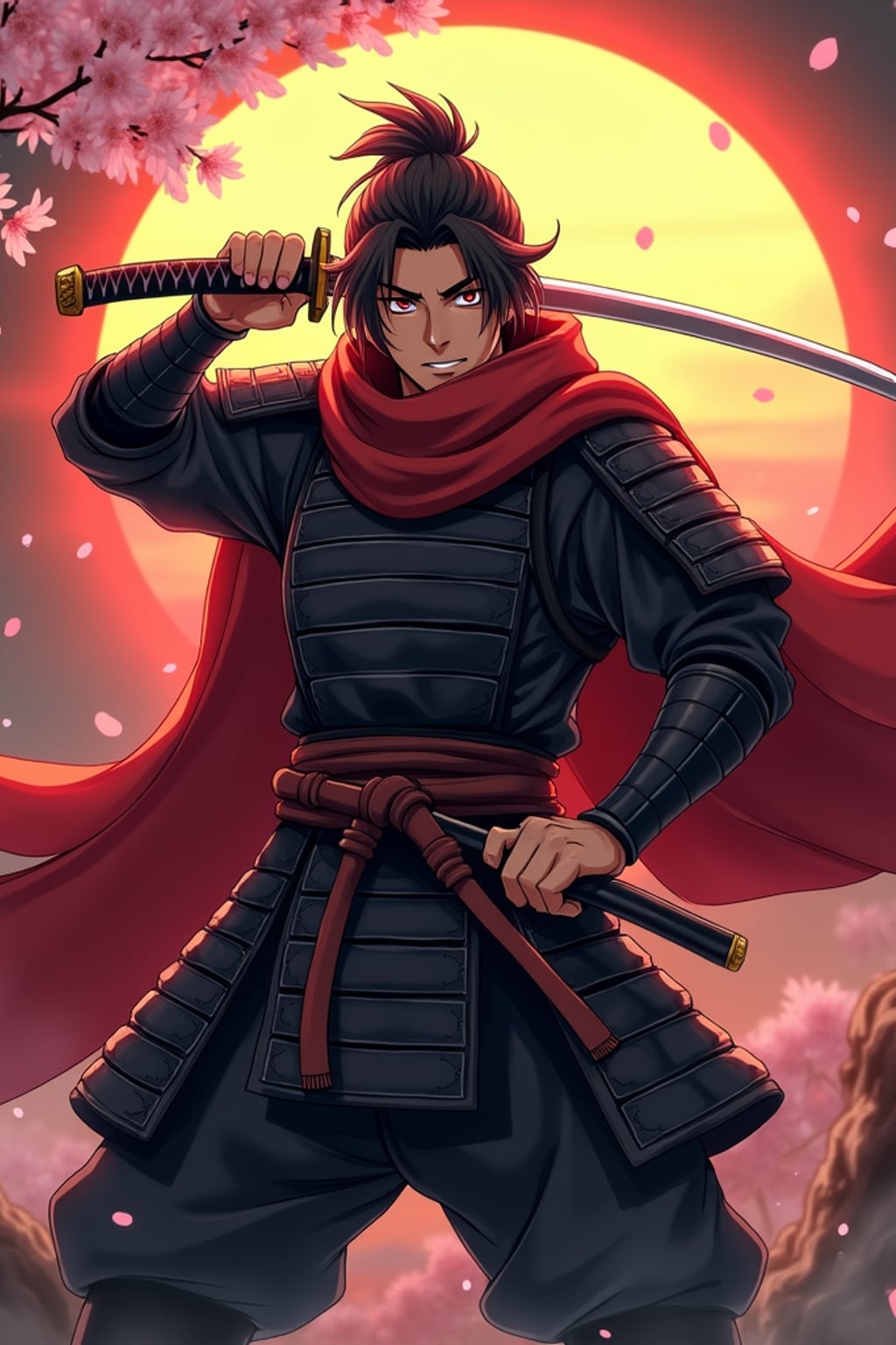 A powerful samurai anime avatar, holding a katana, wearing  a dark samurai armor with a flowing red scarf, intense gaze. The backdrop features a dramatic sunset and falling cherry blossoms. the style is in anime illustration.