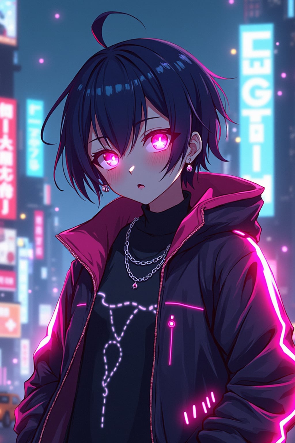 A cyberpunk anime-style character, with glowing neon elements,  a cyber-enhanced jacket with neon streaks and cybernetic eyes. The city skyline behind is filled with digital billboards and vibrant lights. the style is in anime illustration.