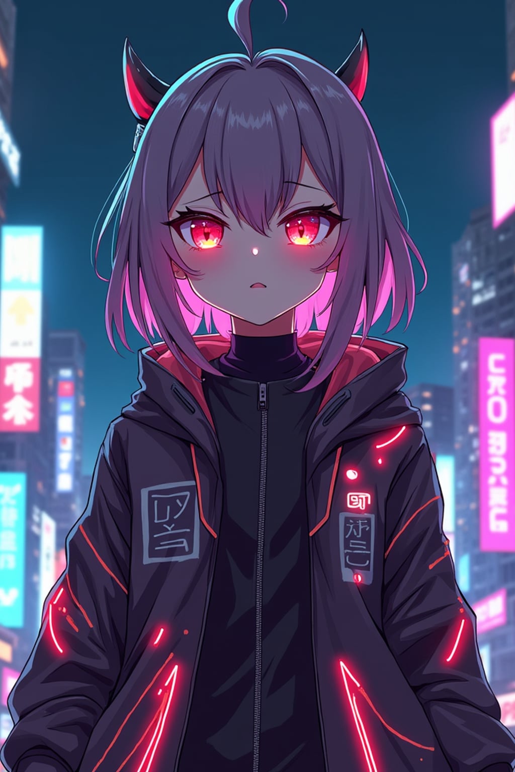 A cyberpunk anime-style character, with glowing neon elements,  a cyber-enhanced jacket with neon streaks and cybernetic eyes. The city skyline behind is filled with digital billboards and vibrant lights. the style is in anime illustration.