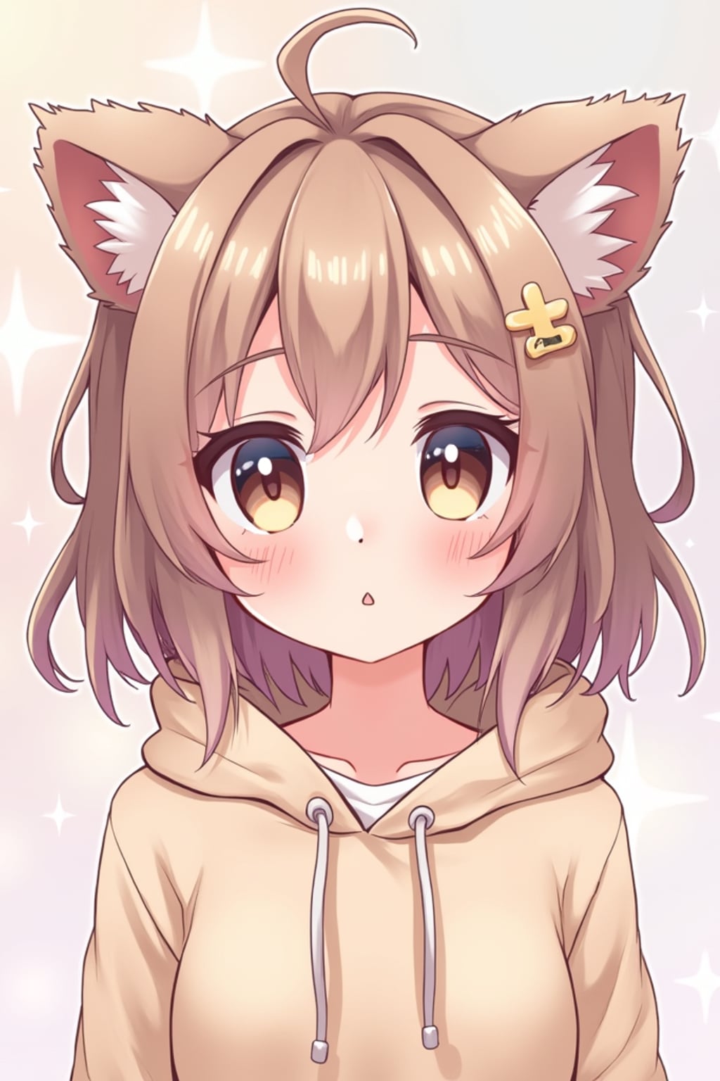 A cute kawaii anime girl avatar, featuring large sparkling eyes,  a soft boy aesthetic with messy hair and oversized hoodie. The background has dreamy pastel colors with soft sparkles. the style is in anime illustration.
