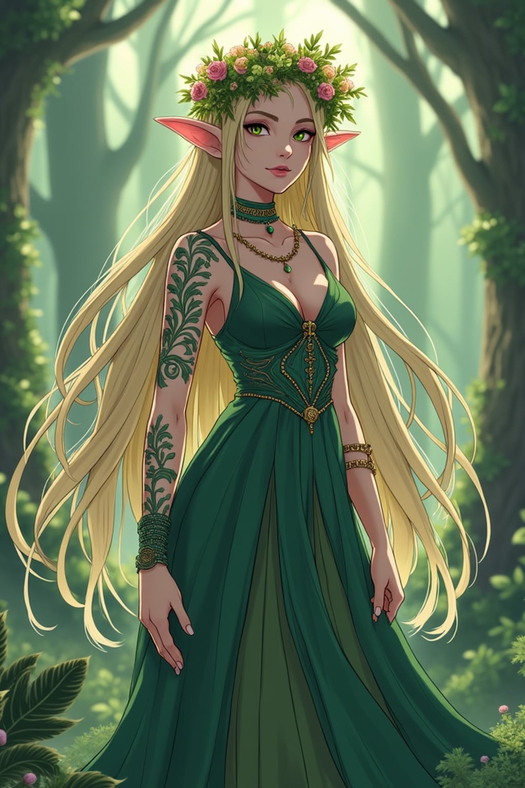 A mystical anime elf character, with pointed ears and glowing magical tattoos, dressed in an elegant forest gown with flower crowns and long flowing hair . The setting is a magical woodland landscape. the style is in anime illustration.