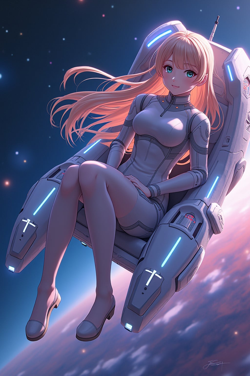 A dreamy anime space explorer, floating in a futuristic spaceship, wearing a sleek space pilot uniform with glowing accents . The backdrop features distant galaxies and nebulae. the style is in anime illustration.