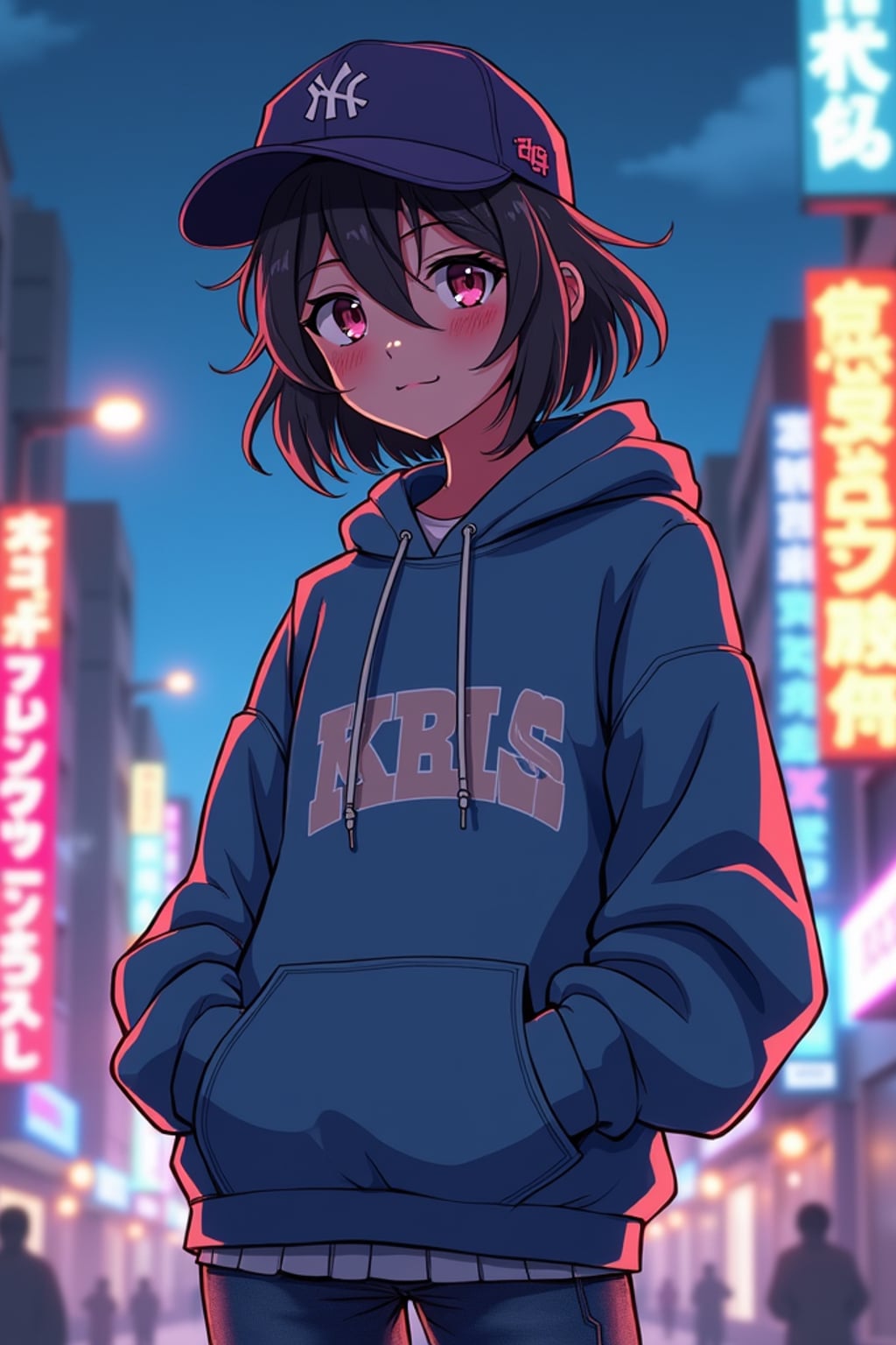 A cool anime streetwear avatar, wearing a trendy oversized hoodie with stylish sneakers and a cute cap . The background is a neon-lit anime city at night. the style is in anime illustration.