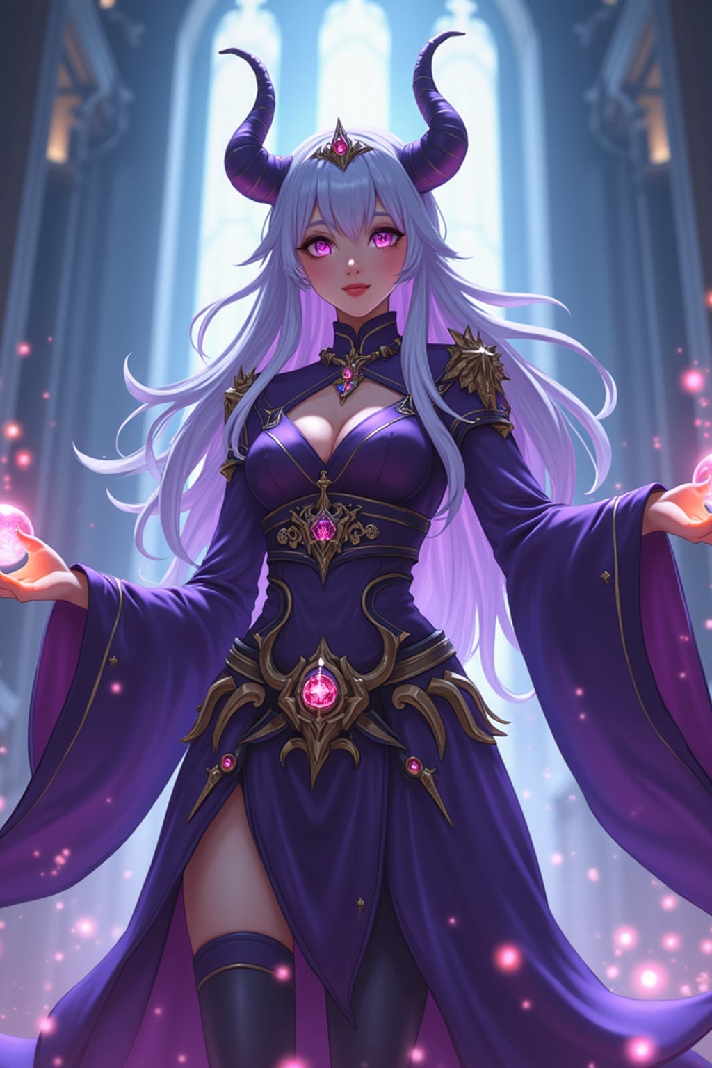A fantasy anime warrior avatar, dressed in a magical sorceress outfit with glowing orbs and enchanted symbols . The setting is a grand castle with mystical energy radiating. the style is in anime illustration.