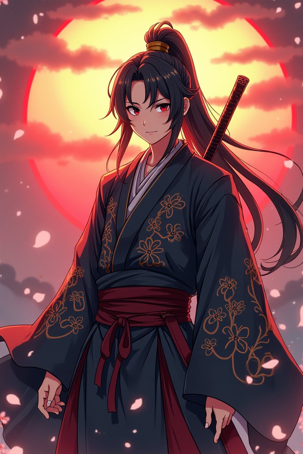 A powerful samurai anime avatar, holding a katana, wearing a traditional kimono with intricate patterns, standing confidently . The backdrop features a dramatic sunset and falling cherry blossoms. the style is in anime illustration.
